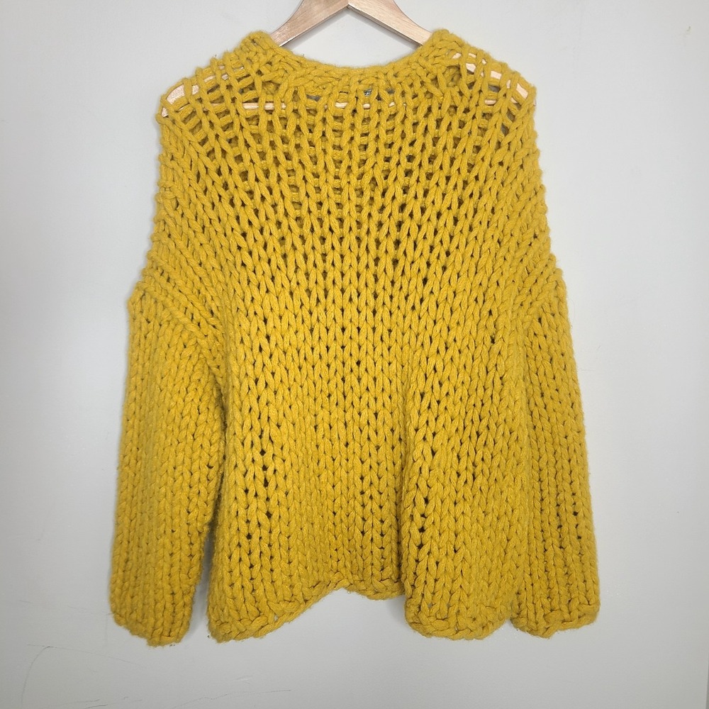EILEEN FISHER L/XL Mustard Yellow Fisherman Baby Alpaca Chunky‎ Knit Sweater - Picture 4 of 6